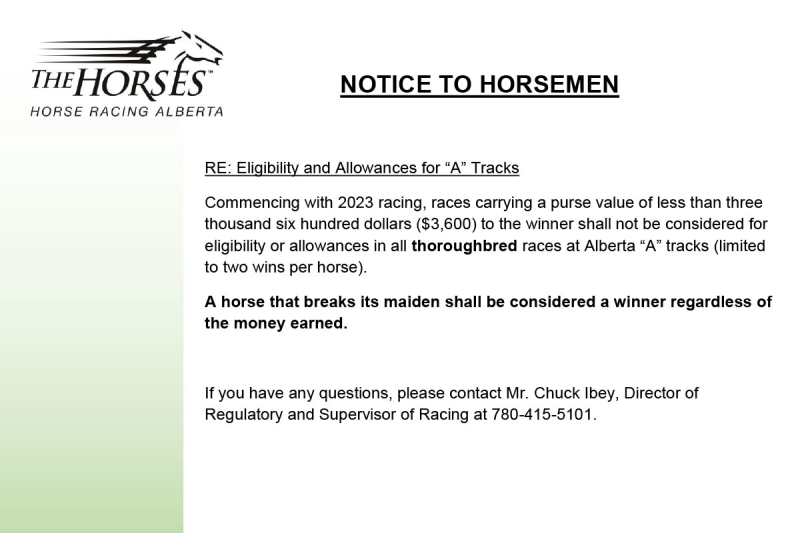 Notice to Horsemen - Eligibility and Allowances for “A” Tracks