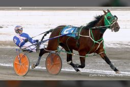 Stash The Cookies and Phil Giesbrecht were all alone on the line to take the Saturday afternoon feature. (Caitlin Fancy / Coady Photo / Standardbred Canada)