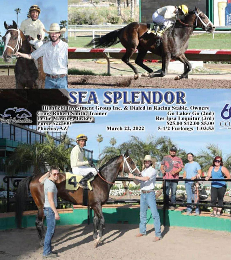 Win Photo for Sea Splendor breaking maiden first time out - assistant for trainer Craig Smith at Turf Paradise 2022