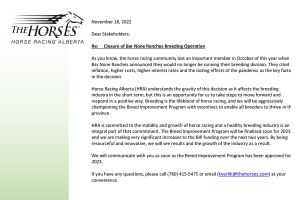 Stakeholder Notice - Re: Closure of Bar None Ranches Breeding Operation