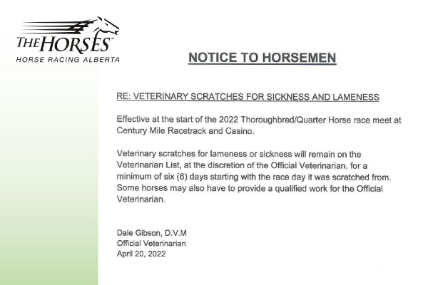 Notice to Horsemen - Re: Veterinary Scratches for Sickness and Lameness