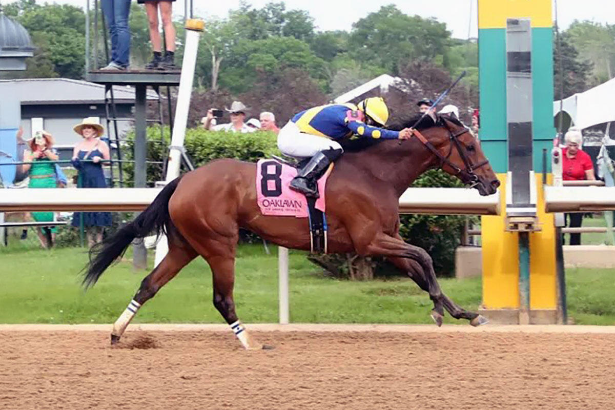 Majestic Oops crossing the finish line in the $200,000 Dig A Diamond stakes