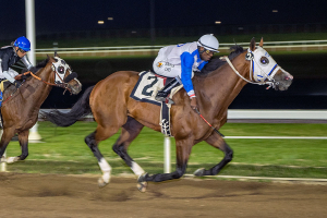 Slaats and Dane Nelson in the stretch run of the Count Lathum Handicap at Century Mile on July 29th