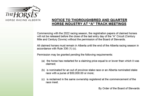 Notice to Thoroughbred and Quarter Horse Industry at “A” Track Meetings