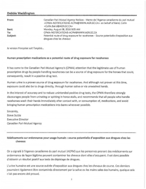 CPMA Notice - Human prescription medications as a potential route of drug exposure for racehorses