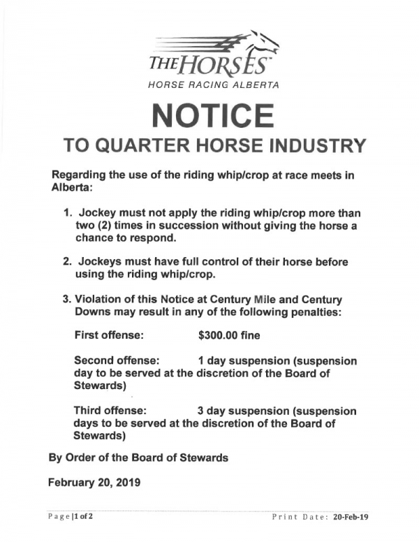 Notice to Quarter Horse Industry